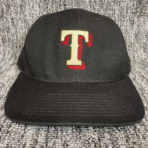 Vintage DeLONG Texas Rangers Style T Logo Snapback Hat Mens Med-Lg Black Cap